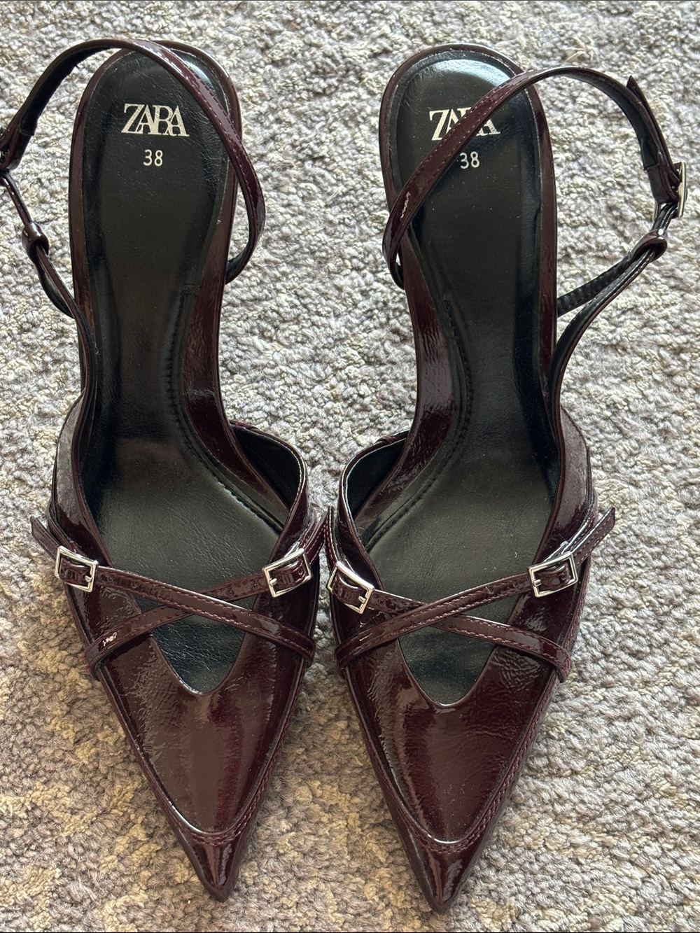 Zara Burgundy Patent Pointed Slingback Heels with Cross Straps in 7.5
